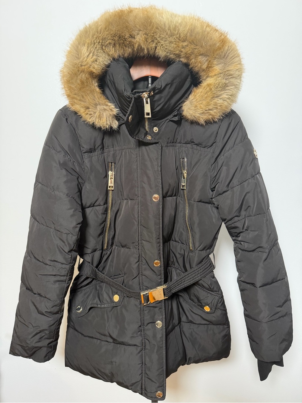 Michael Kors Women's Black Quilted Parka Jacket with Faux Fur Hood